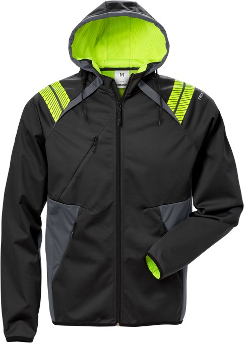 FRISTADS SOFTSHELL-JACKA MED HUVA 7461 BON SVART/GUL